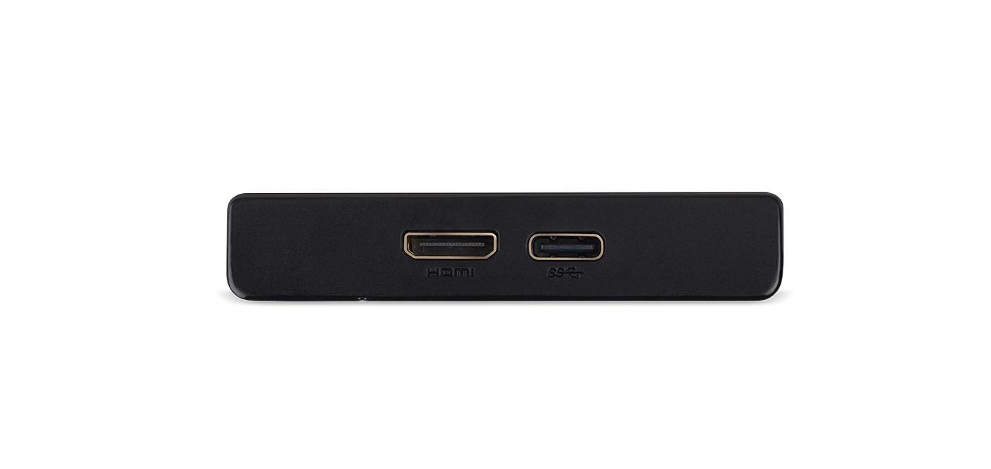 Schwarzes Gerät mit HDMI- und USB-Anschlüssen.