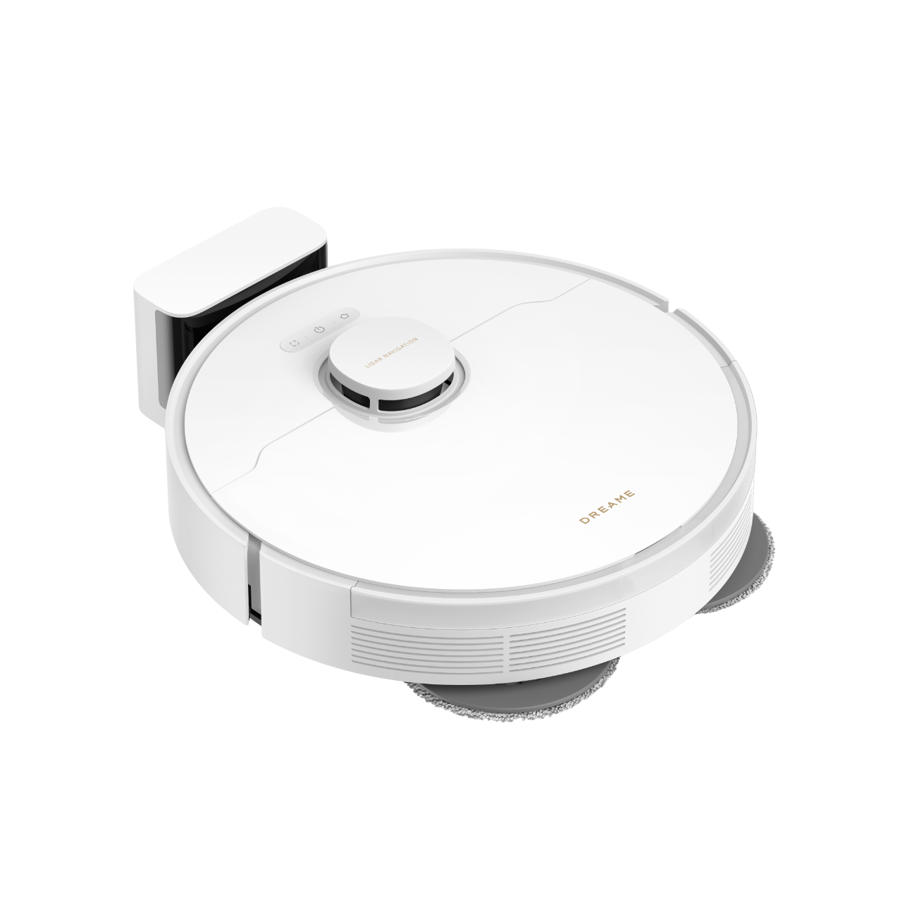 Ein weißer Dreame-Robotersauger mit Ladestation. Er hat einen runden Körper, zwei Reinigungspads und LIDAR-Navigation.