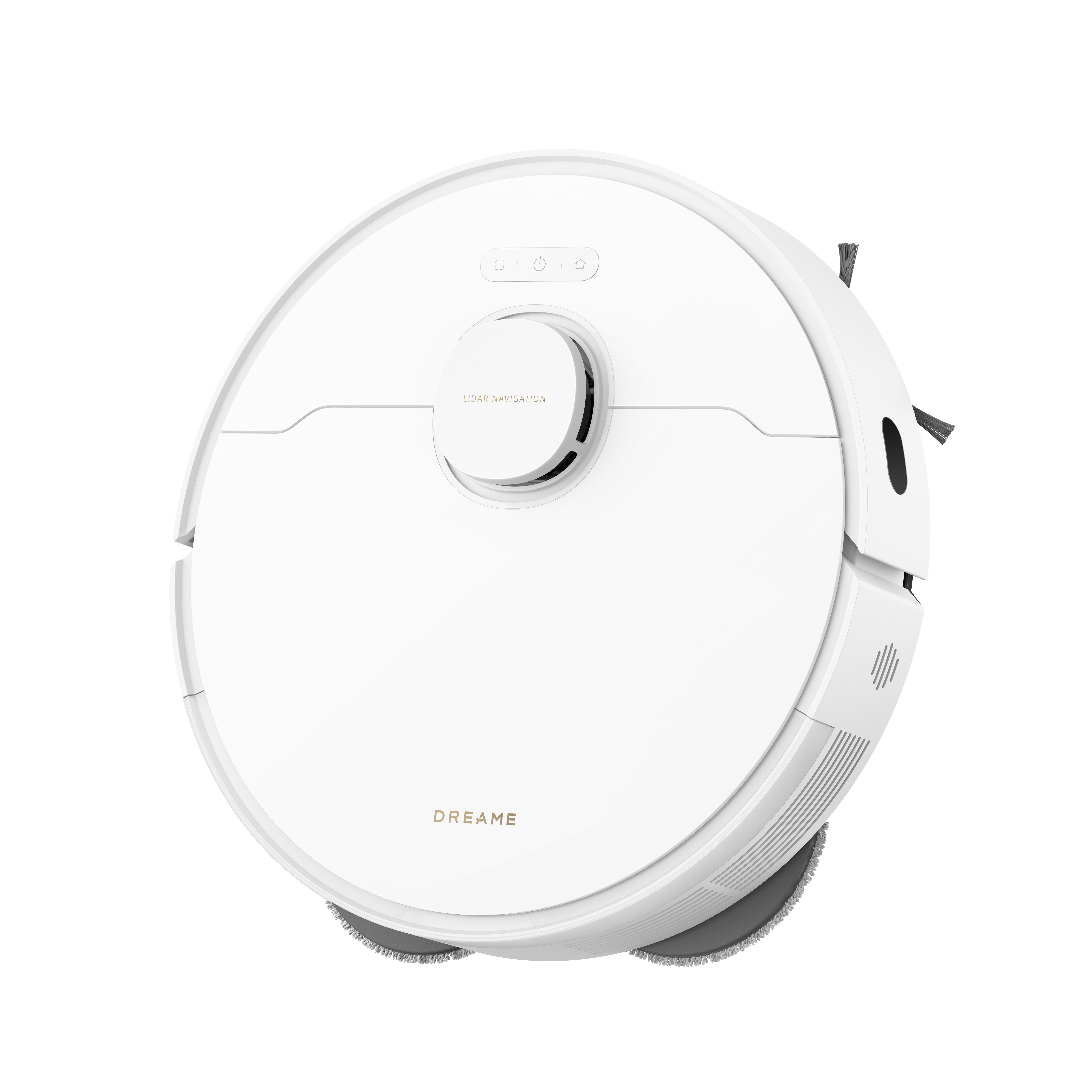 Ein weißer Roboterstaubsauger. Er hat eine runde Form mit Knöpfen und dem Wort DREAME. Er hat einen schwarzen Sensor.