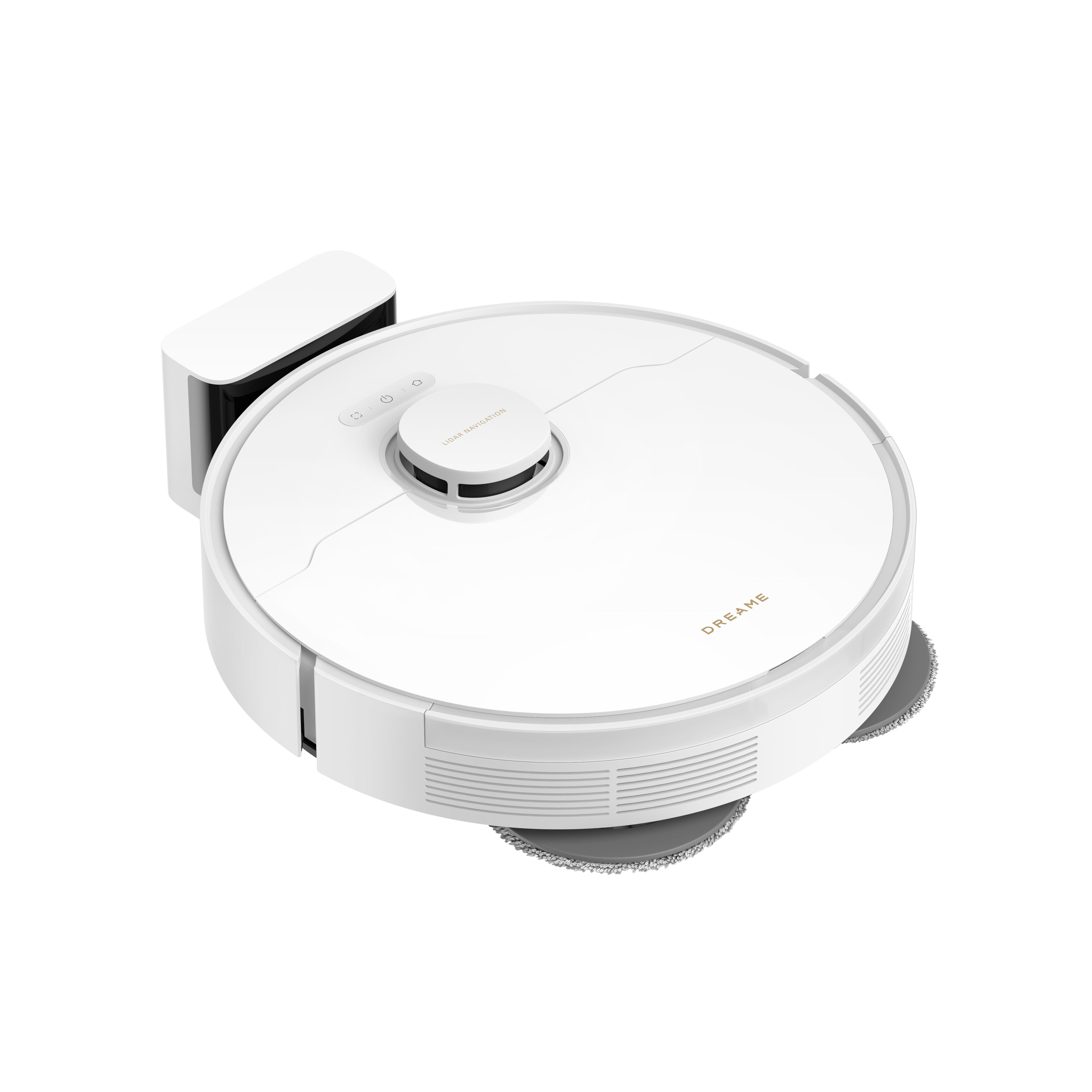 Ein weißer Dreame-Roboter-Staubsauger mit Ladestation. Er hat einen runden Körper mit Lidar und zwei Reinigungspads.
