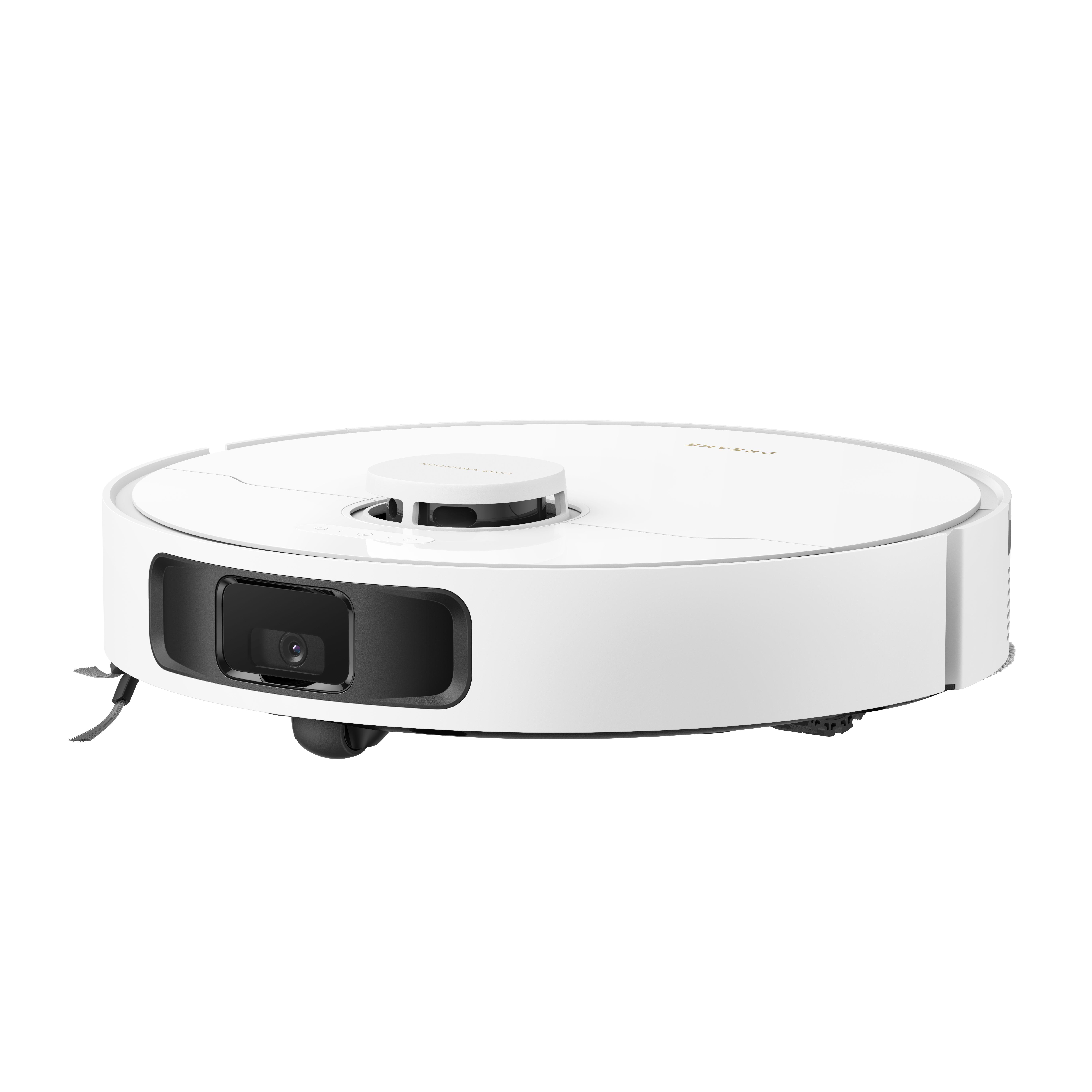Ein weißer Roboter-Staubsauger auf weißem Hintergrund. Er hat eine schwarze Kamera und eine kleine Bürste.
