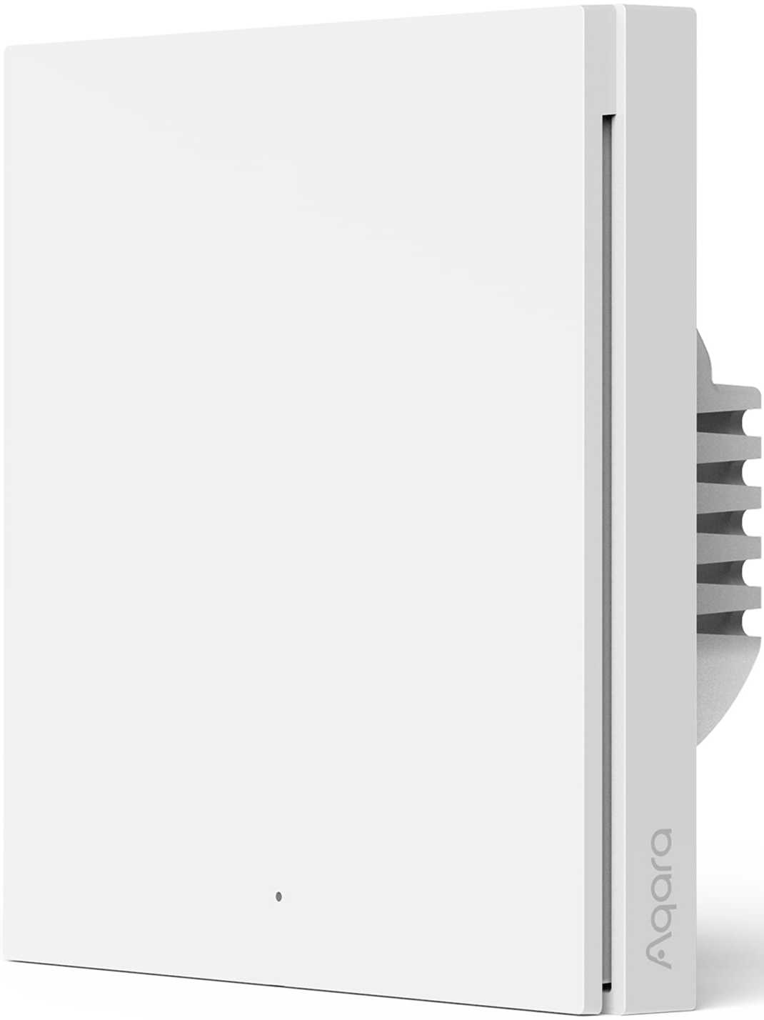 Un interrupteur de lumière intelligent Aqara blanc. Il est de forme carrée avec des bords arrondis, une petite lumière et un côté argenté avec le nom de la marque.