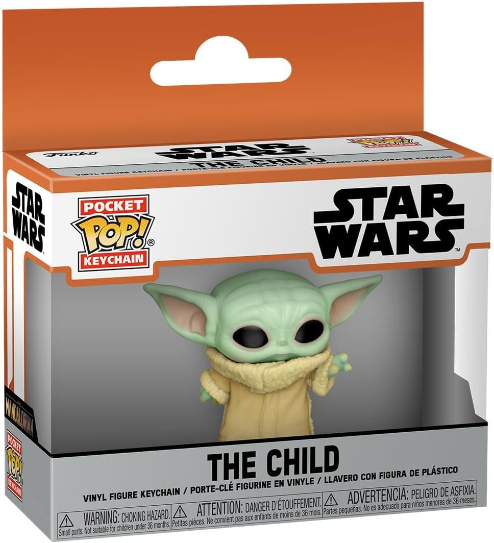 The Child Funko Pop kulcstartó dobozban. Zöld figura nagy fülekkel, bézs köntös. Star Wars és Pocket Pop logók.