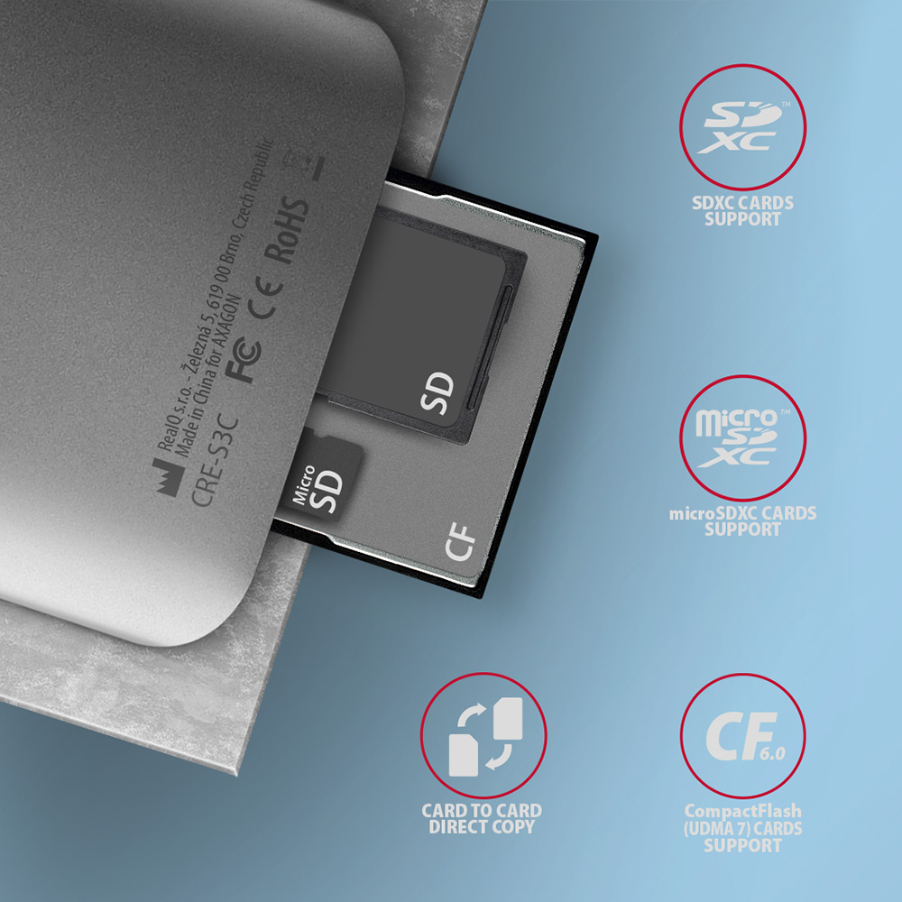 SD kártyaolvasó különböző kártyatípusokkal, SD, Micro SD és CF kártyákkal.