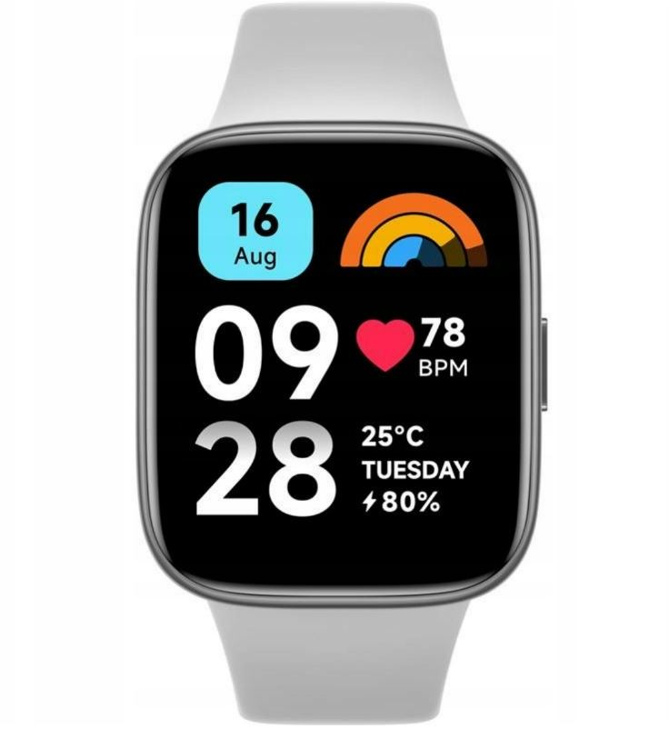 Smartwatch pokazujący datę, godzinę, tętno i temperaturę. Szary zegarek.