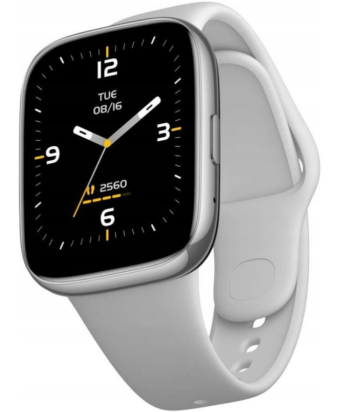 Biały smartwatch z cyfrowym wyświetlaczem pokazującym godzinę, datę i statystyki aktywności.