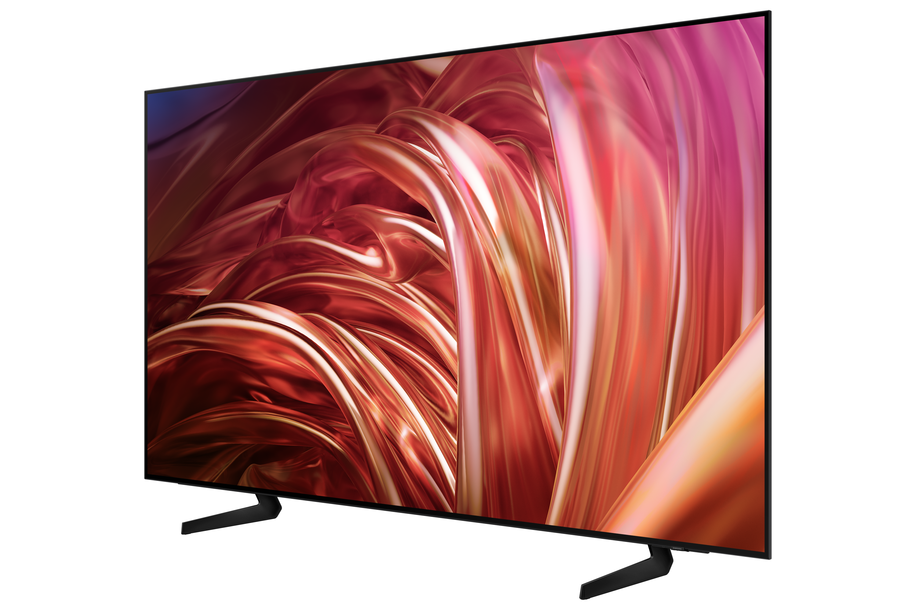 Ein großer Fernseher mit farbenfroher, abstrakter, wirbelnder Kunst, auf einem schwarzen Ständer.