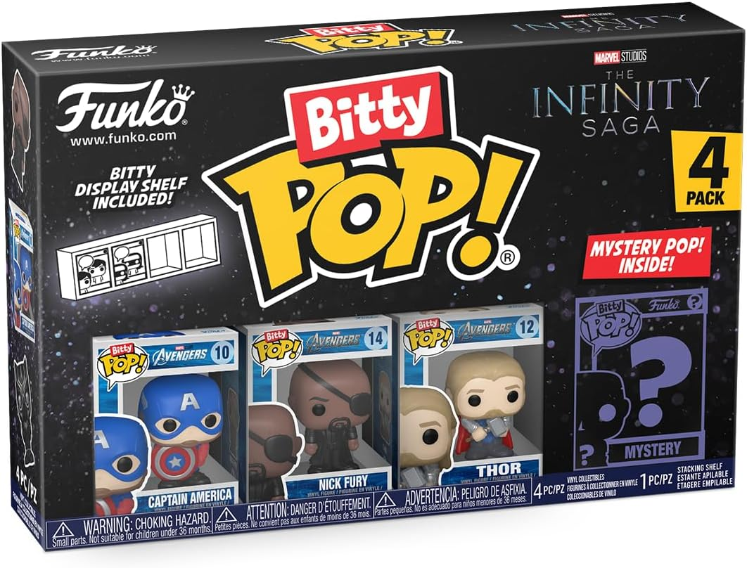 Bitty Pop! doboz szett. Tartalmazza Captain America, Nick Fury, Thor figurákat, polccal és mystery pop.