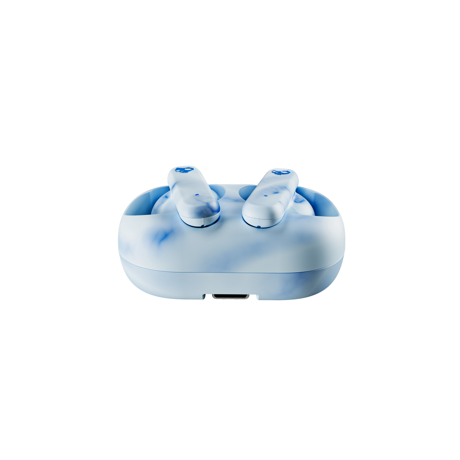 Light blue earbuds in a charging case. The case is light blue with a marbled effect.