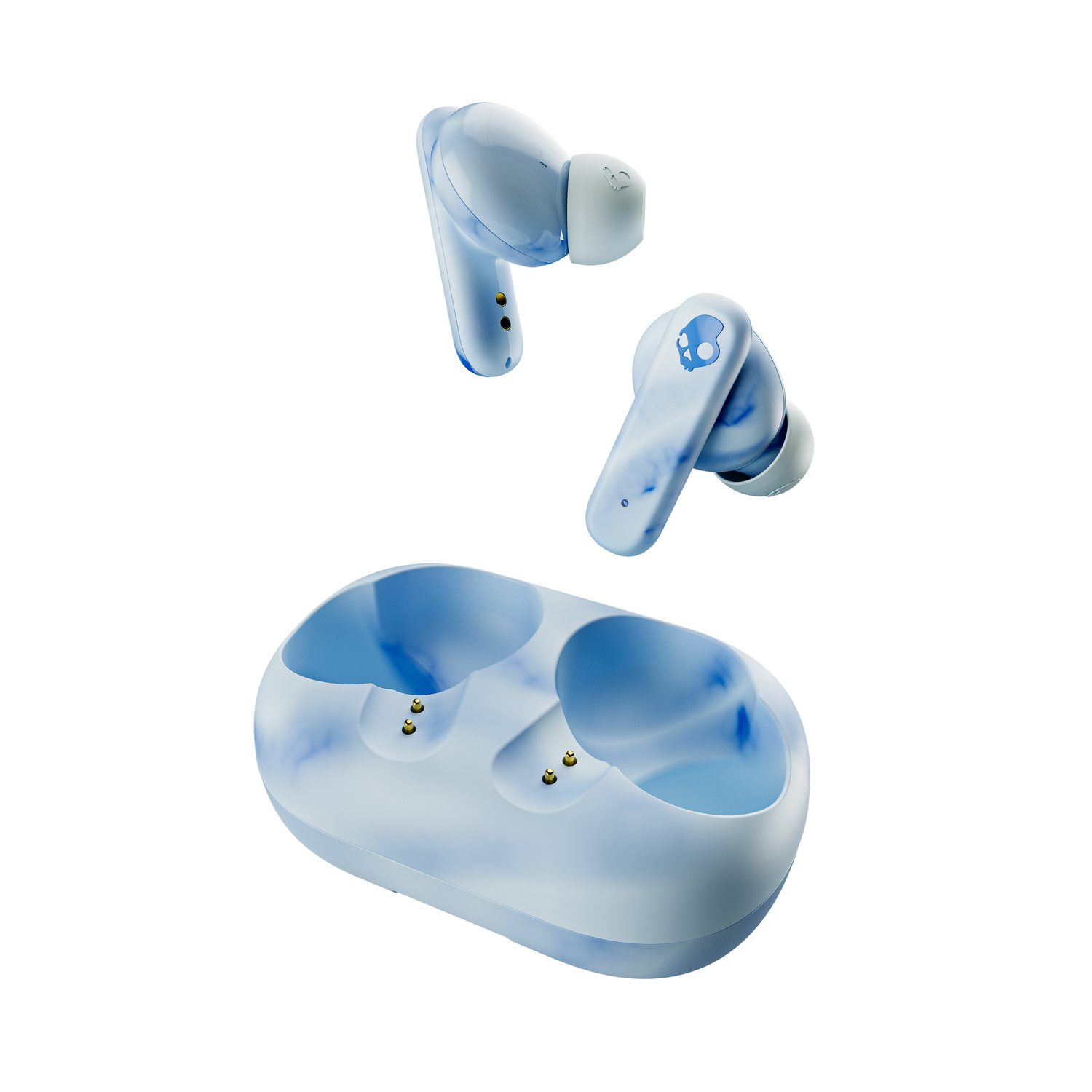 Light blue earbuds and charging case, white background, top view shot.