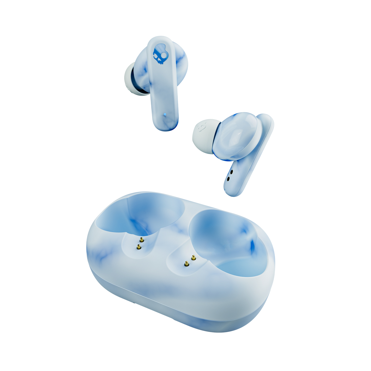 Earbuds and charging case, with a blue marble design. White background.