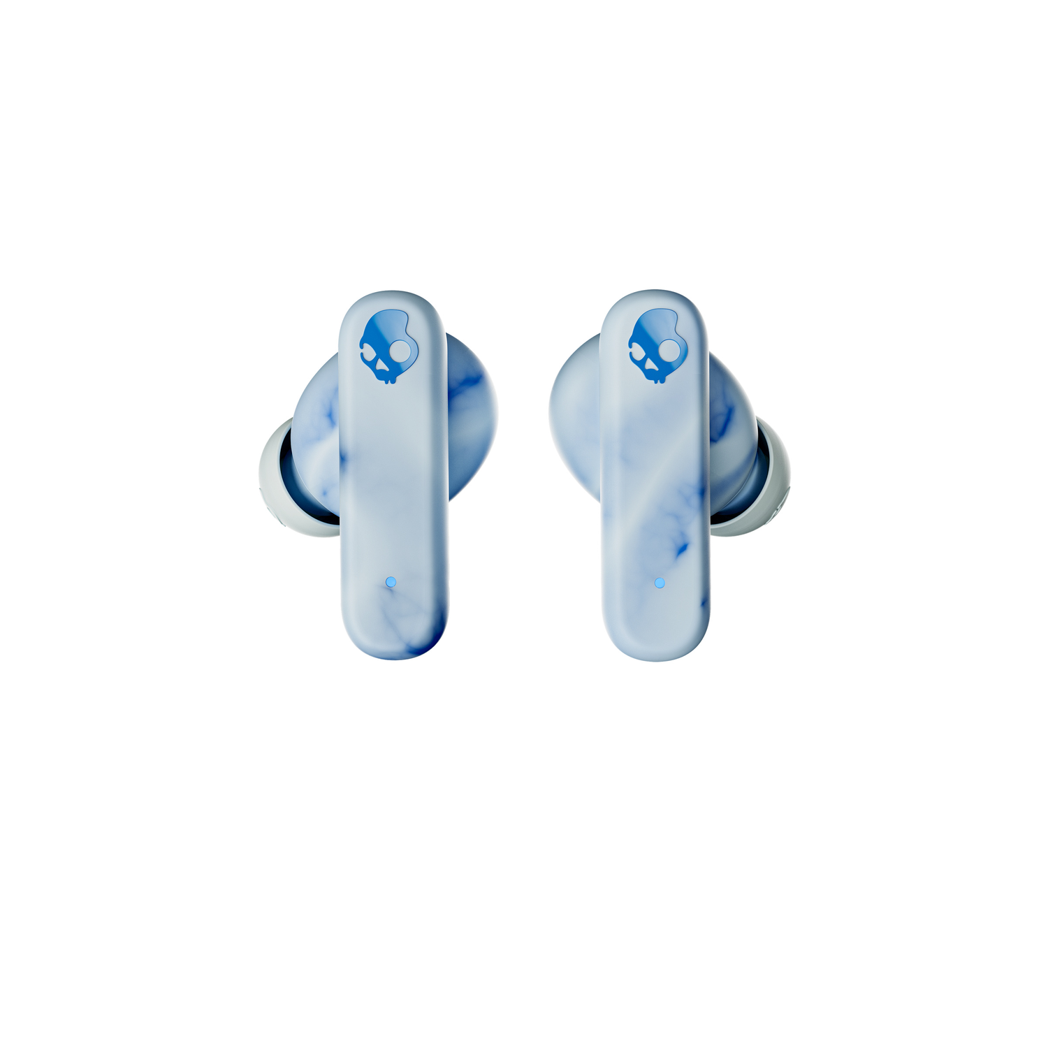Light blue and white marble design earbuds with the Skullcandy logo on each.