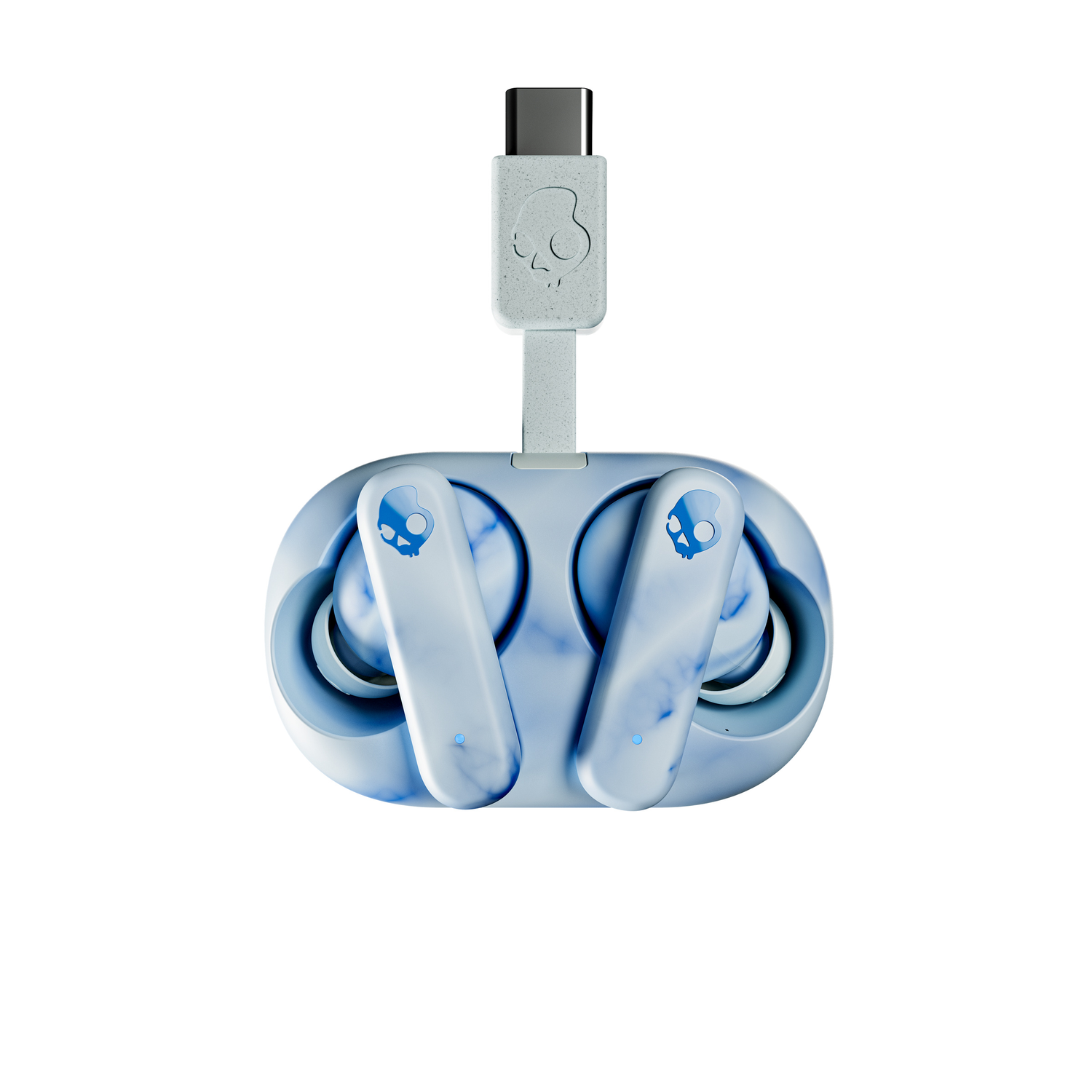 Light blue earbuds and a charging case, connected by a white cable.
