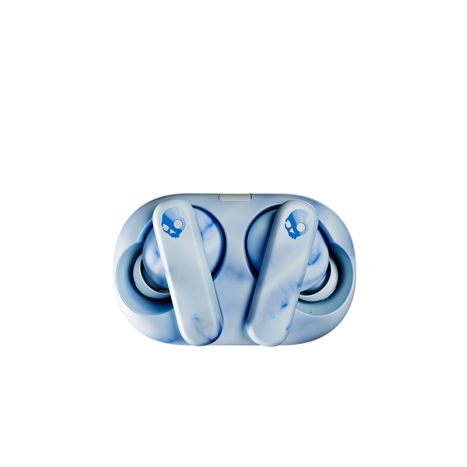 Pair of blue and white earbuds in charging case. Skullcandy logo on earbuds.