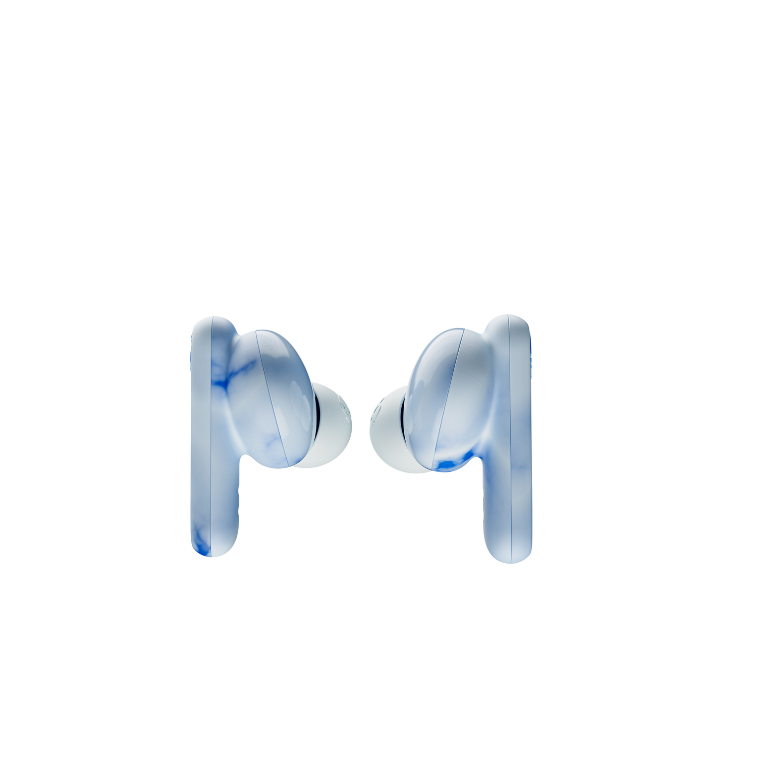 Two light blue and white marbled earbuds on a white background.