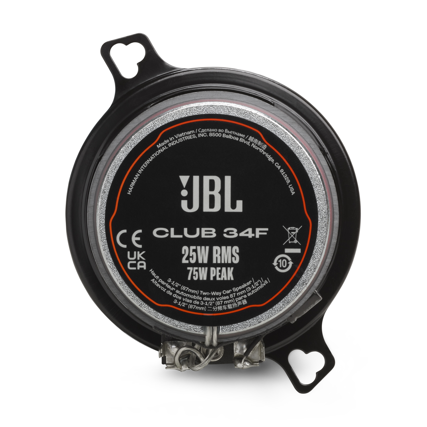 Black JBL Club 34F speaker. It has a silver ring, white text, and a black bracket with heart-shaped cutouts.