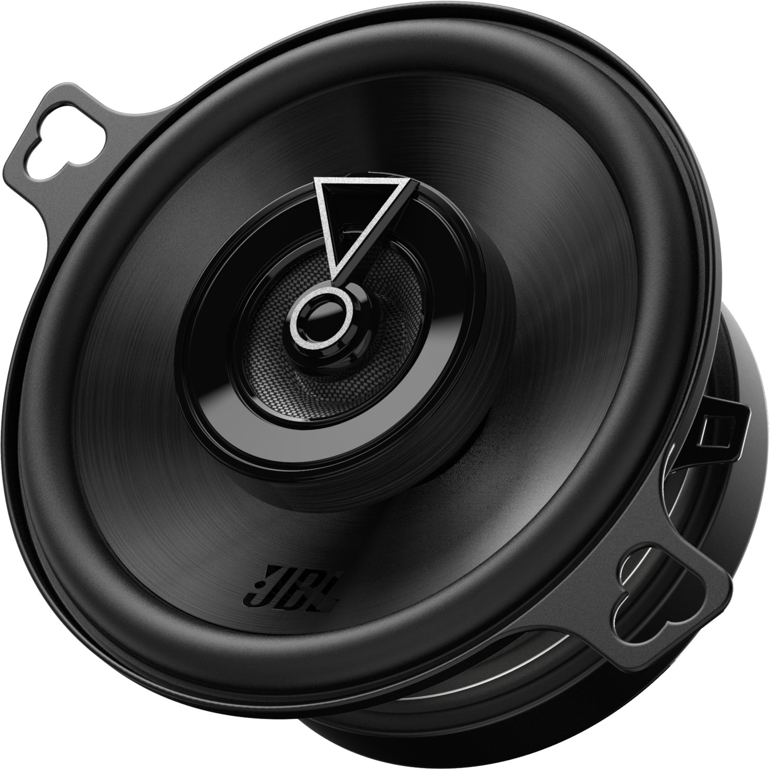 A black car speaker with a black cone and a white JBL logo.