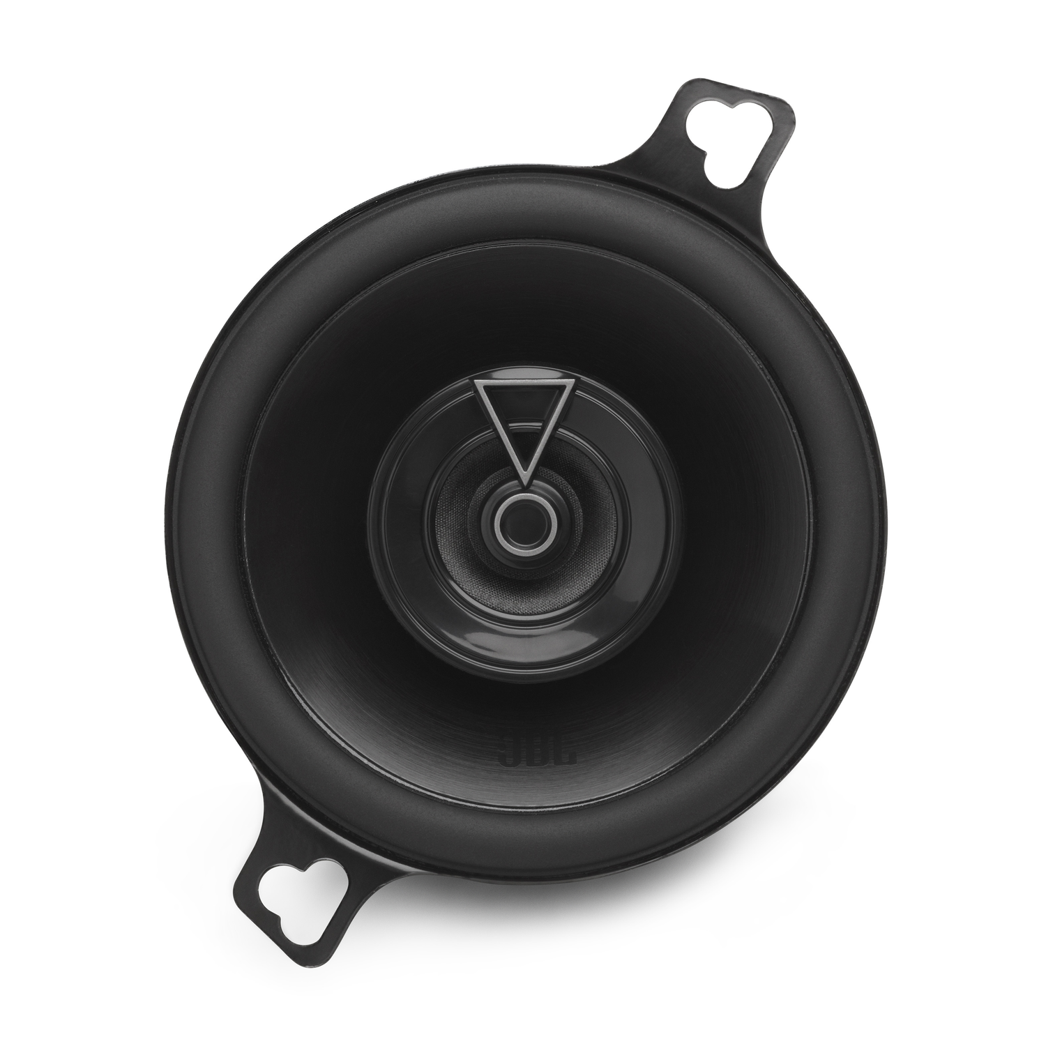A black car audio speaker with a central tweeter and mounting tabs.