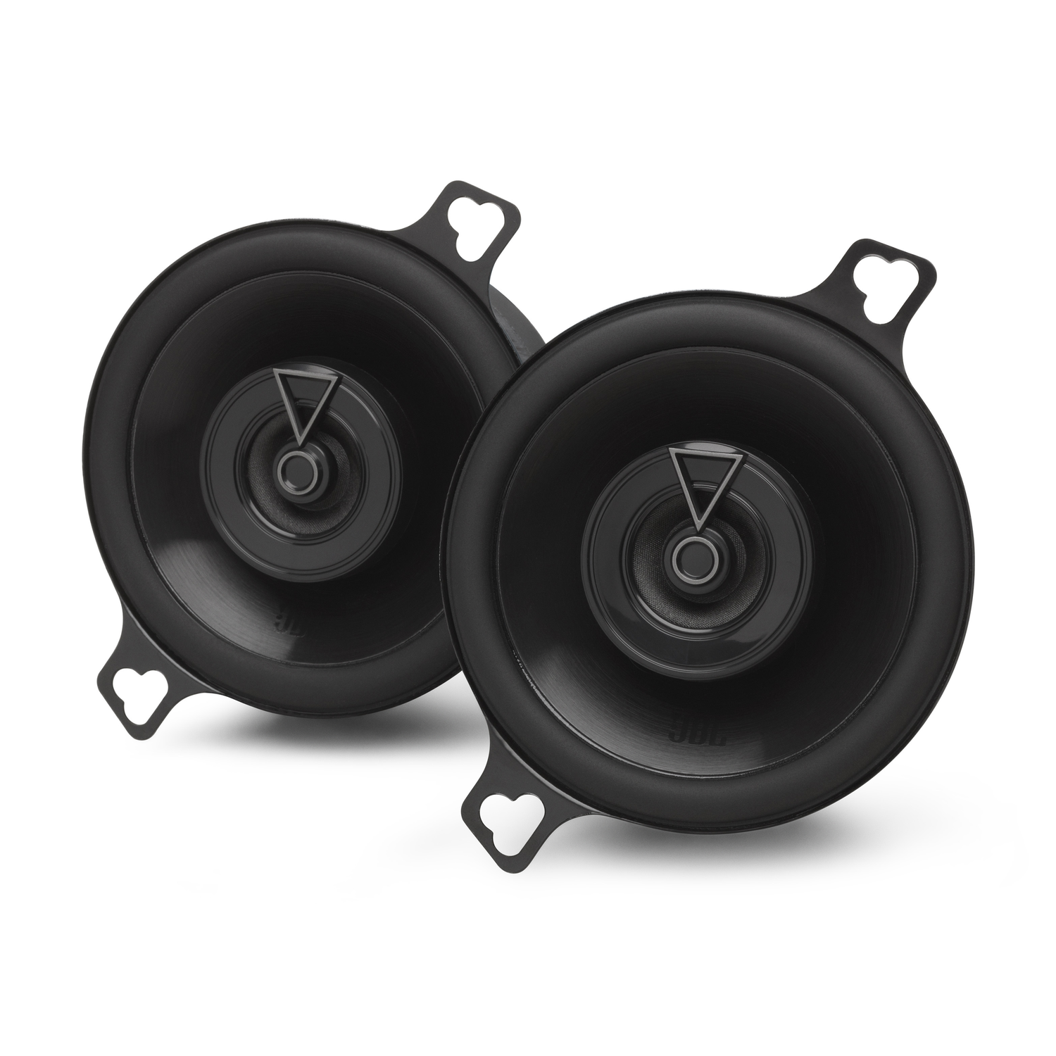 Two black JBL car speakers on a white background, close-up view.
