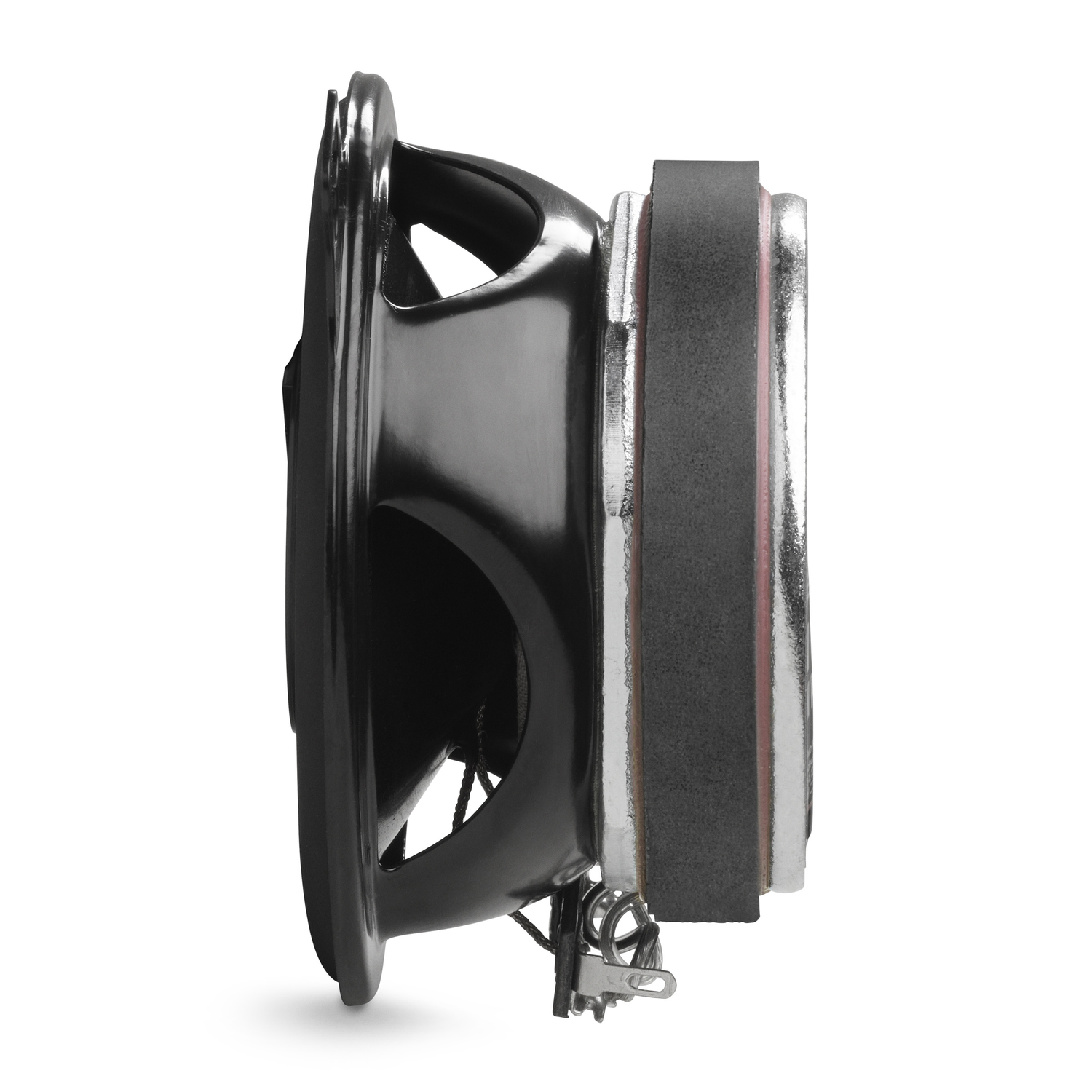 A black speaker component. It has a black cone, a metal frame, and a pink edge.