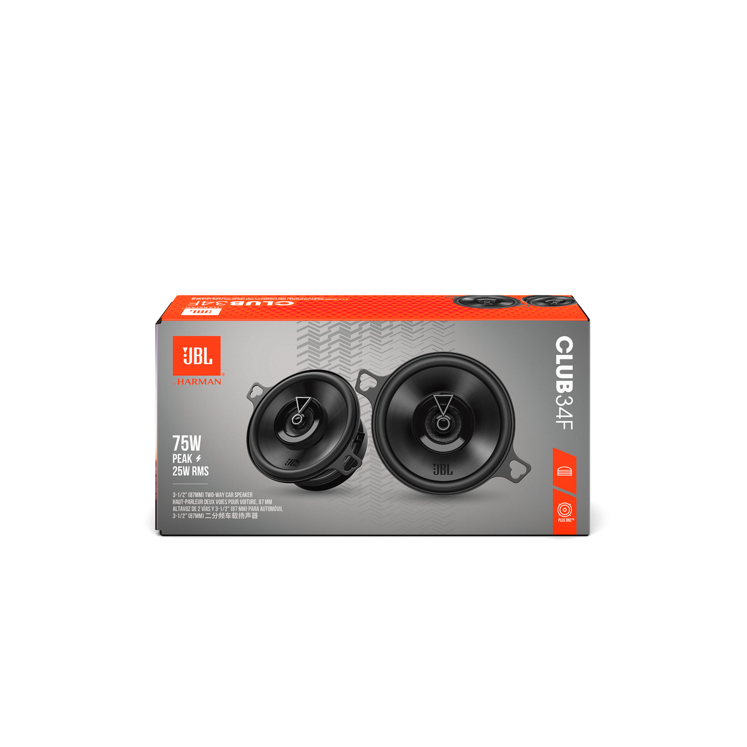 Car speaker box. Two speakers visible. Red and black box. JBL and Harman logos are visible.