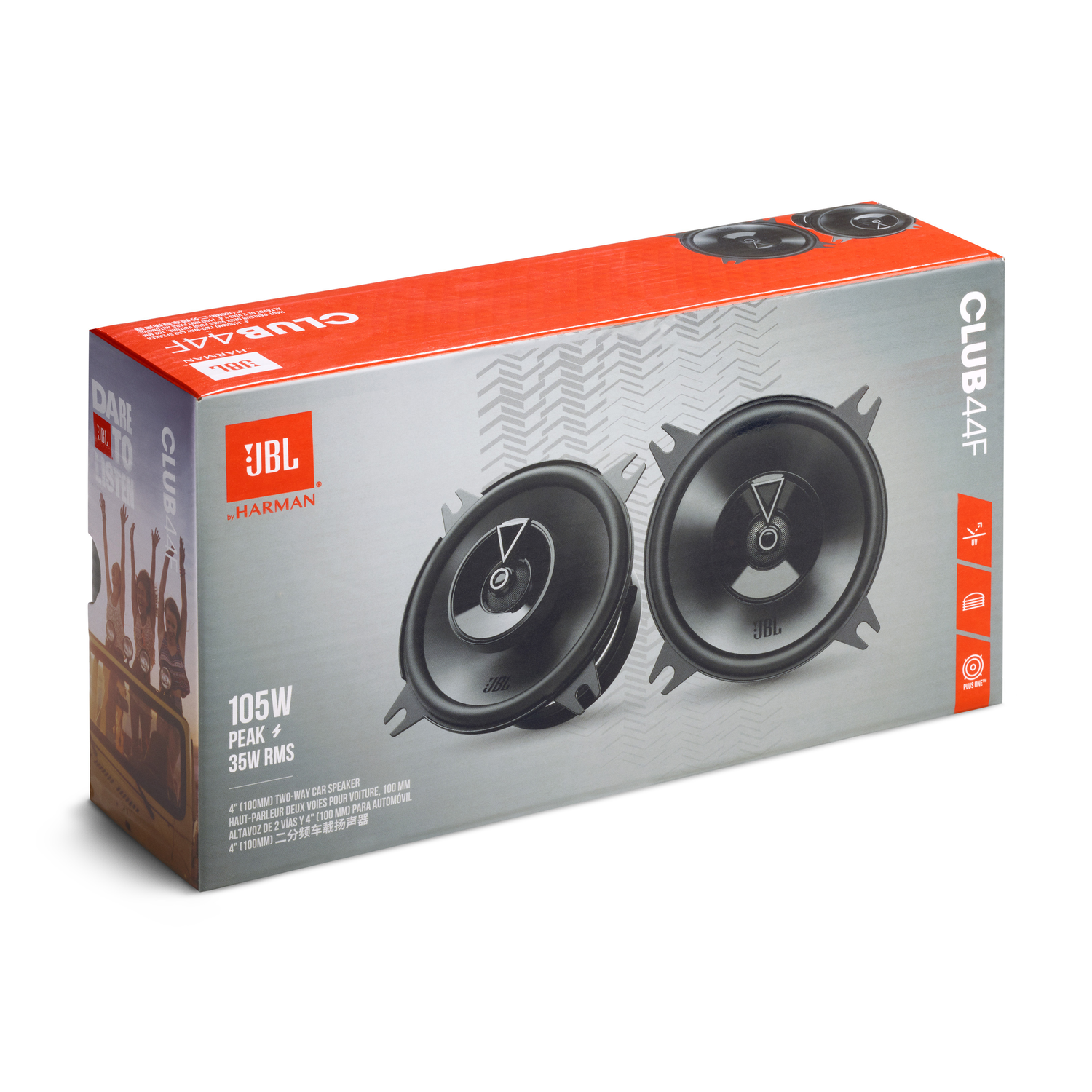 Une boîte d'enceintes JBL avec un design rouge et orange sur fond blanc.