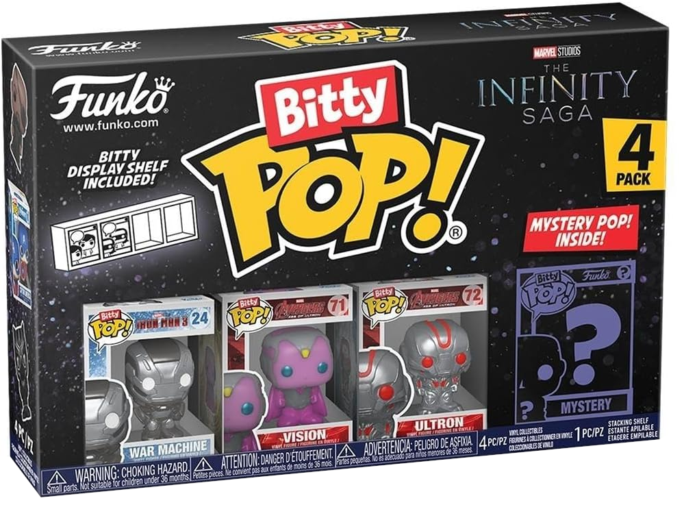 Funko Bitty Pop! doboz. Négy figurát tartalmaz: War Machine, Vision és Ultron. Egy rejtélyes figura is benne van.