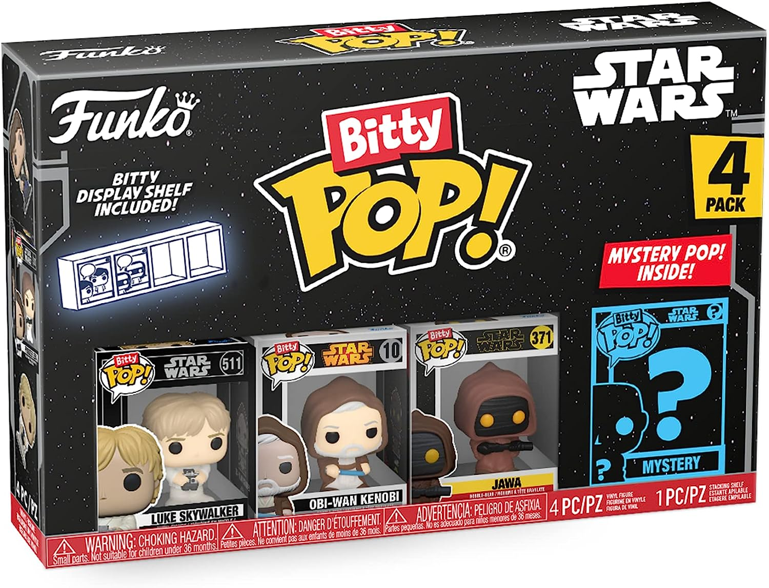Star Wars Funko Bitty Pop dobozkészlet Luke, Obi-Wan és Jawa figurákkal.