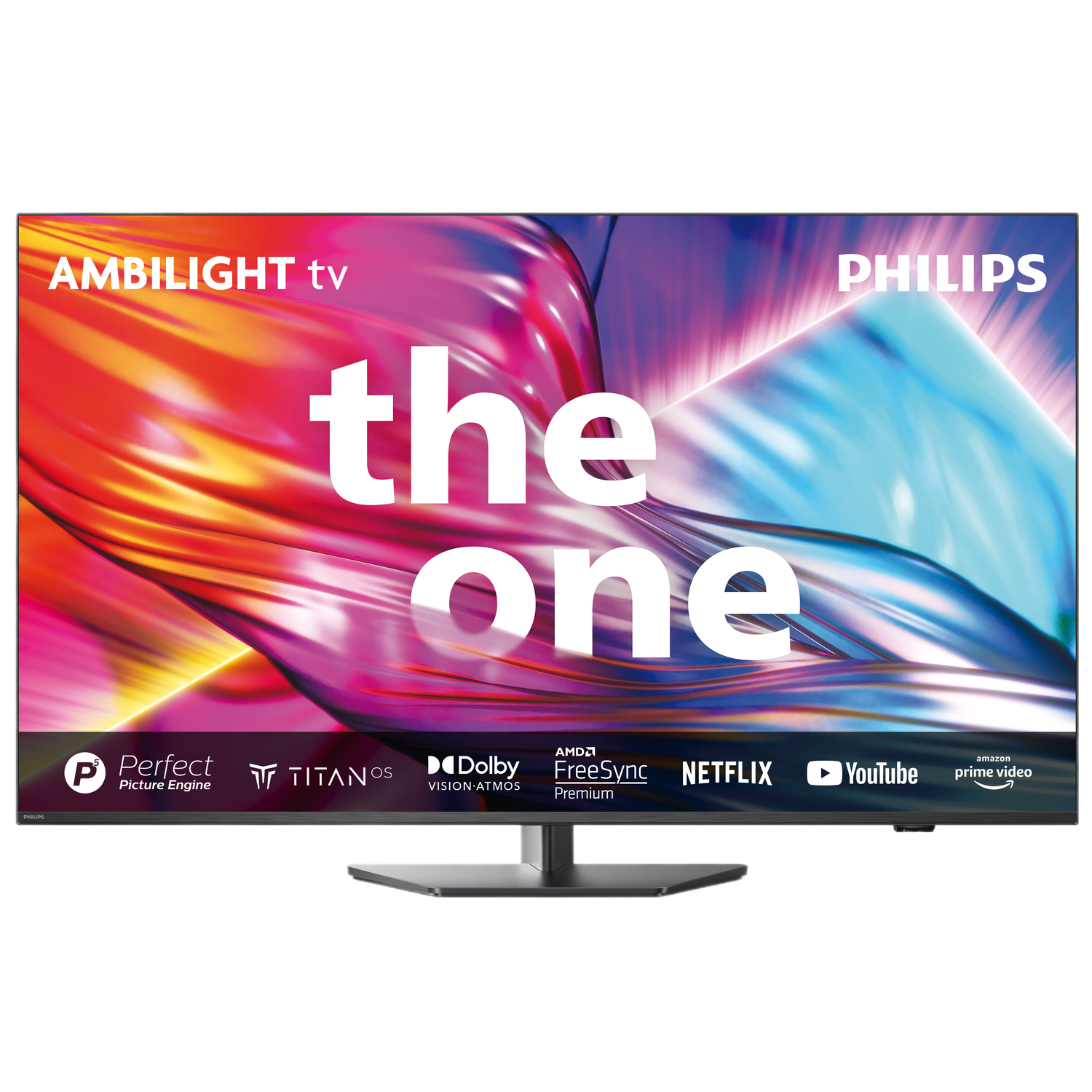 Zwarte tv met kleurrijk scherm, de woorden 'the one' staan op het scherm.