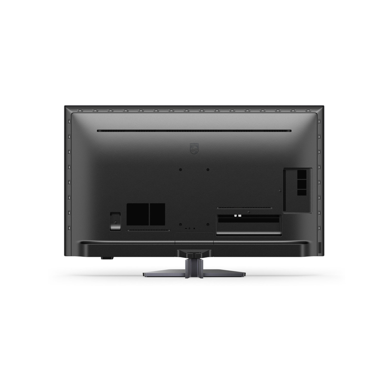 Achteraanzicht van een zwarte tv op een witte achtergrond. De tv heeft een standaard en diverse poorten.