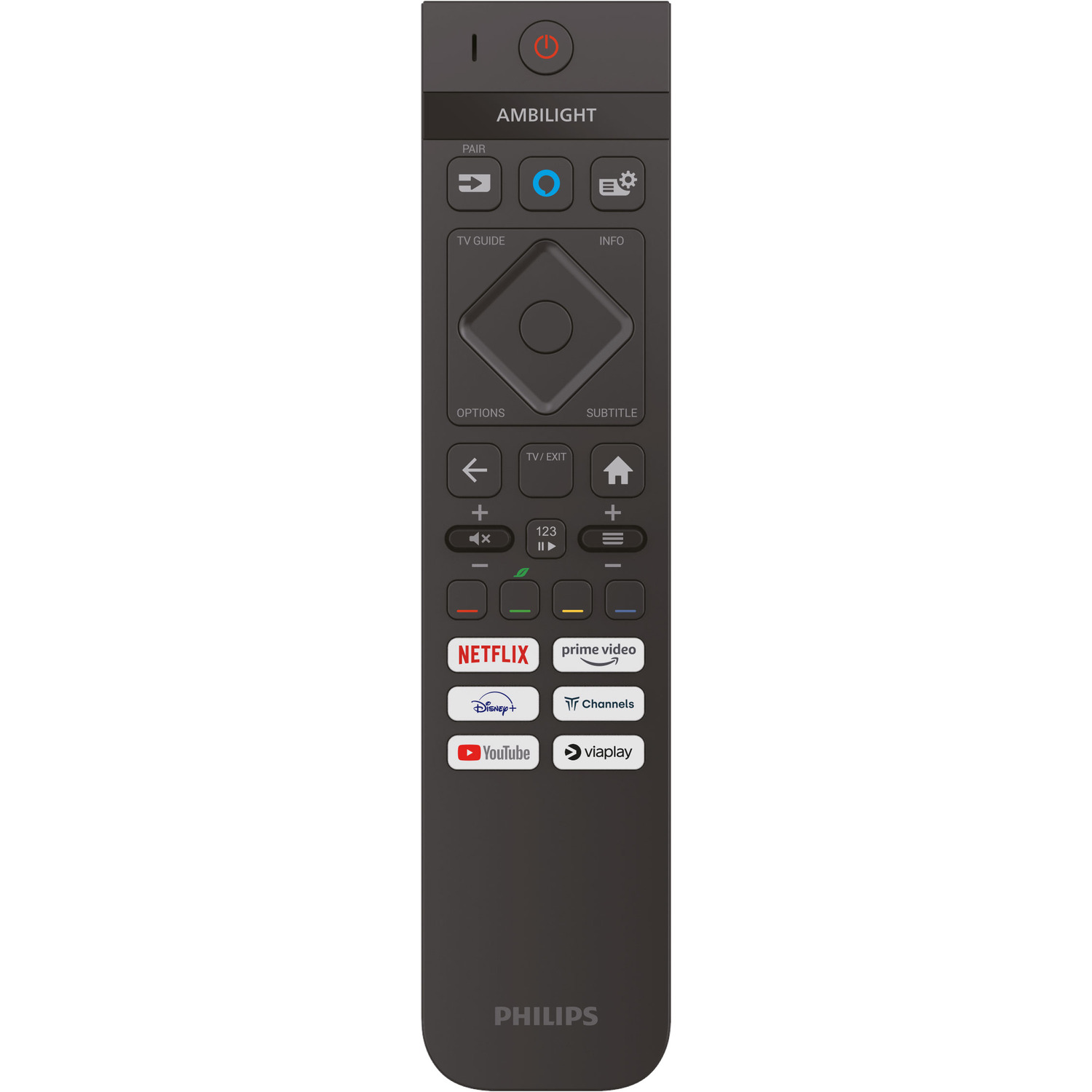 Philips tv-afstandsbediening met verschillende knoppen, waaronder Netflix en Prime Video.