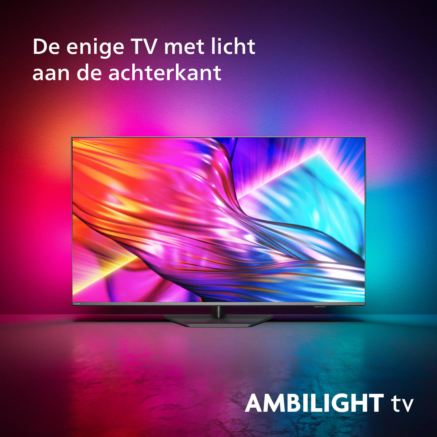 Een tv met omgevingsverlichting. Het scherm toont kleurrijke beelden en de achtergrond is kleurrijk.