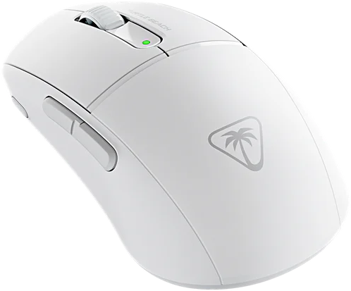 Weiße Gaming-Maus mit Scrollrad und Seitentasten. Turtle Beach Logo sichtbar.
