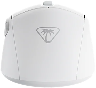 Weiße Computermaus mit Logo, Draufsicht. Sie hat ein geschwungenes Design mit Tasten und Rad.