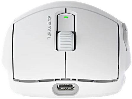 Eine weiße Gaming-Maus. Sie hat ein Scrollrad, Tasten und einen USB-Anschluss.