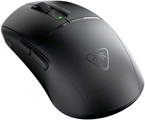 Schwarze Gaming-Maus mit Scrollrad und Tasten. Ein Palm-Logo ist sichtbar.