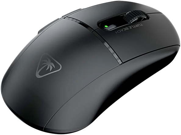Eine schwarze drahtlose Turtle Beach Maus mit grünem Licht und Markenlogo.