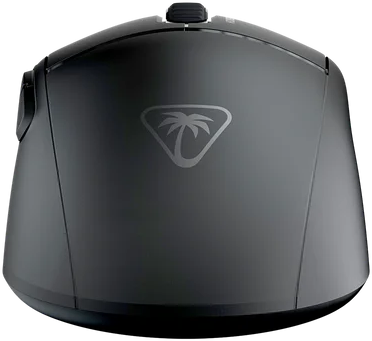 Schwarze Computermaus mit Palmenlogo. Sie hat Seitentasten und ein Scrollrad.