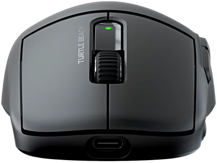 Schwarze Turtle Beach Maus. Sie hat ein Scrollrad, eine Kontrollleuchte und einen USB-C-Anschluss. Die Maus ist dunkelgrau.