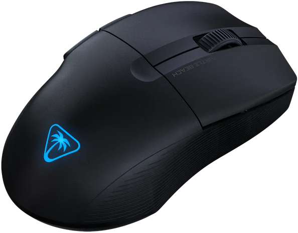Schwarze Turtle Beach Gaming-Maus. Verfügt über ein Logo und ein Scrollrad. Die Maus ist fürs Gaming.