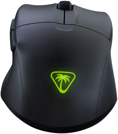Eine schwarze Gaming-Maus mit grünem Logo. Sie hat ein Scrollrad und Seitentasten.