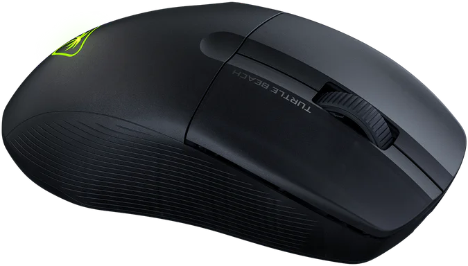 Schwarze Gaming-Maus mit Scrollrad und Turtle Beach-Branding, grünes Licht.