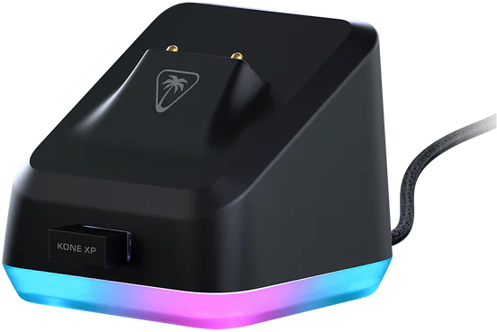 Schwarze Turtle Beach KONE XP Gaming-Maus-Ladestation mit RGB-Beleuchtung.