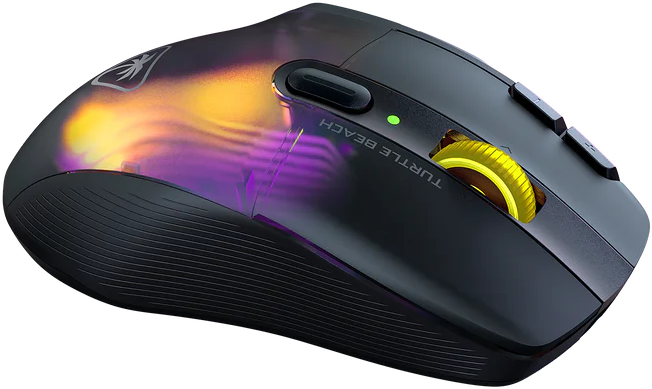 Schwarze Gaming-Maus mit bunten Akzenten. Das Scrollrad ist gelb. Turtle Beach Logo ist sichtbar.