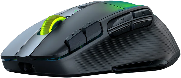 Schwarze Gaming-Maus mit Seitentasten. Die Maus hat ein gelbes Rad und grüne Akzente. Schwarzer Hintergrund.