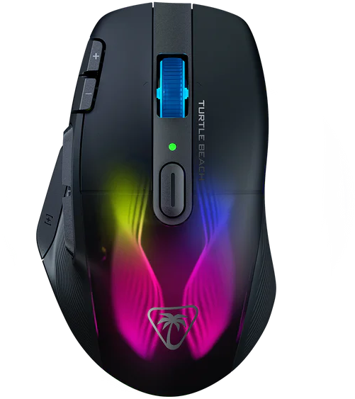 Eine Gaming-Maus mit verschiedenen Tasten und einem Scrollrad mit blauem Licht.