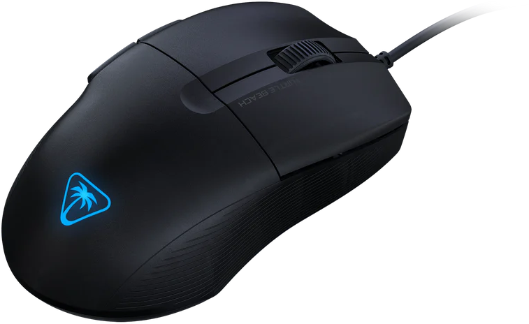 Schwarze Gaming-Maus mit blauem Logo und Kabel.