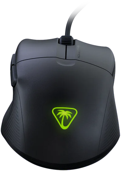 Eine schwarze Gaming-Maus mit grünem Palmenlogo. Sie hat ein Kabel.