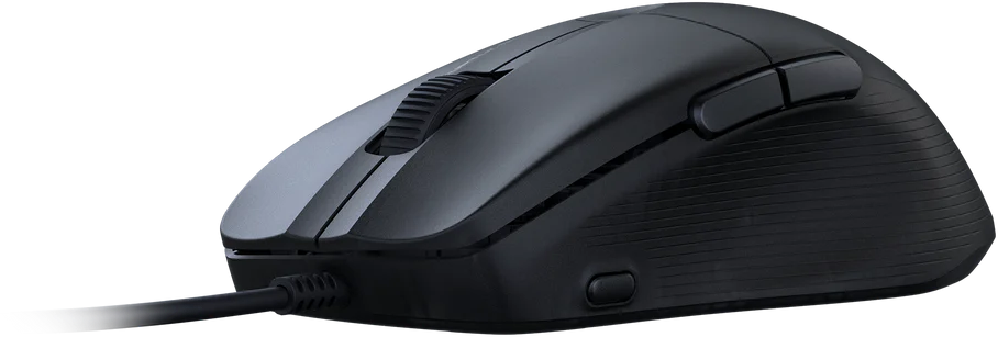 Eine schwarze Computermaus mit Scrollrad und Kabel. Der Hintergrund ist schwarz.
