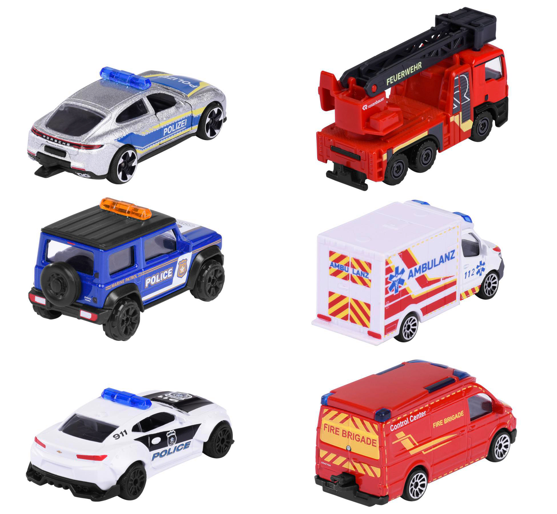 Spielzeugautos: Polizei, Feuerwehr, Feuerwehr, Krankenwagen und ein Polizei-SUV. Alle sind bunt.